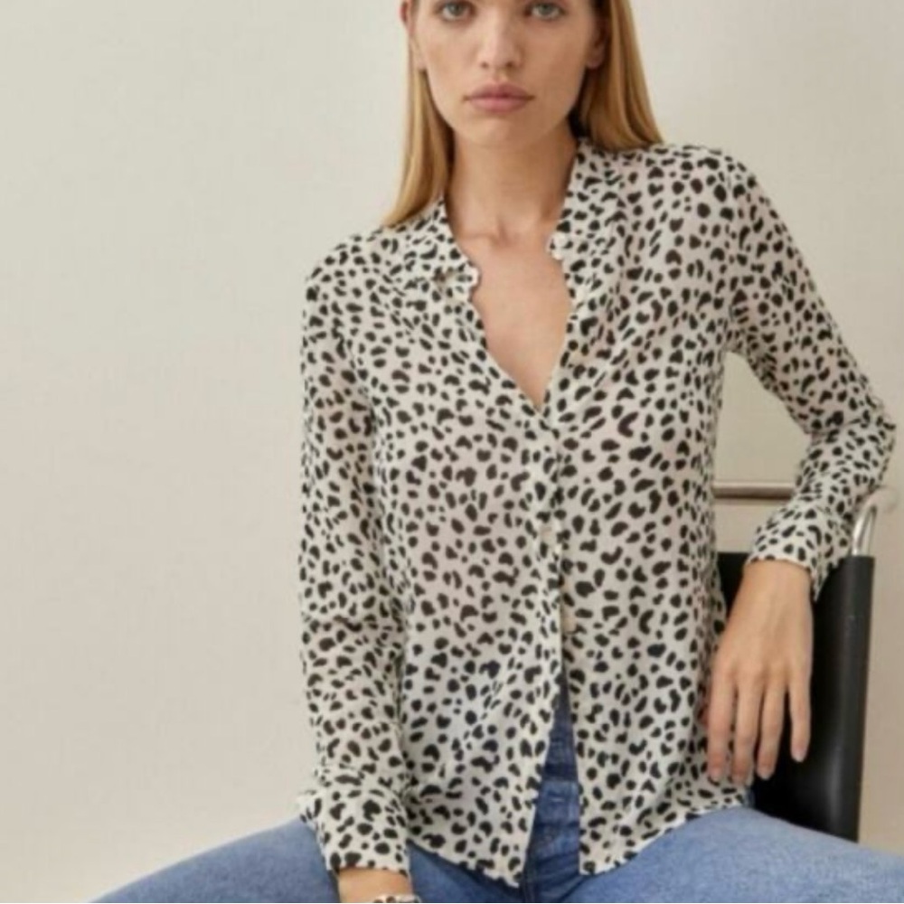 Reformation Leopard Print Dot Long Sleeve Black White Button-Up Top M✨NEW